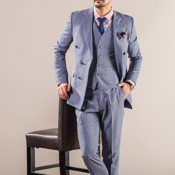 Grey Double Breasted Pinstriped Custom Mens Suit