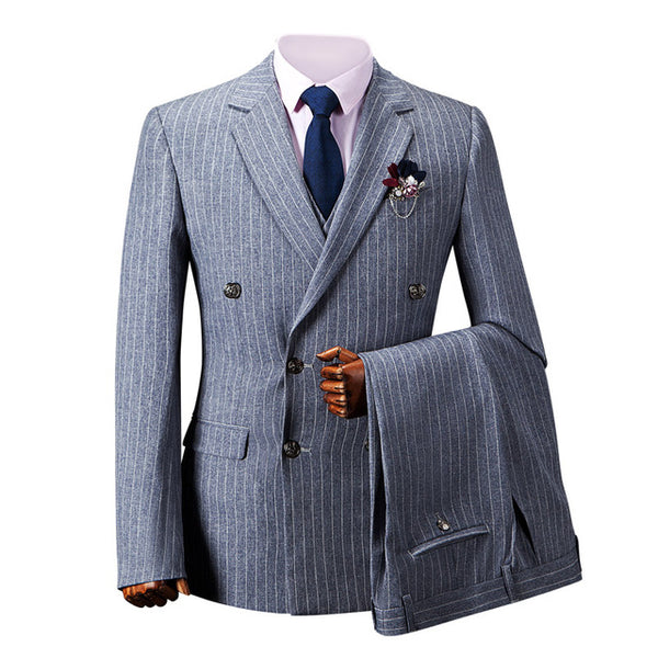 Grey Double Breasted Pinstriped Custom Mens Suit